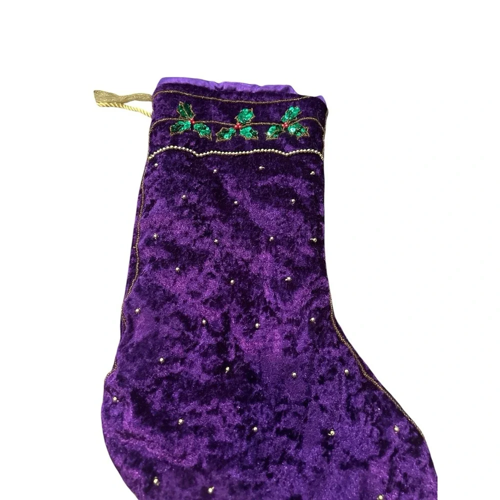 Vintage Sequined‎ Green And Red Holly Gold Lined Royal Purple Christmas Stocking